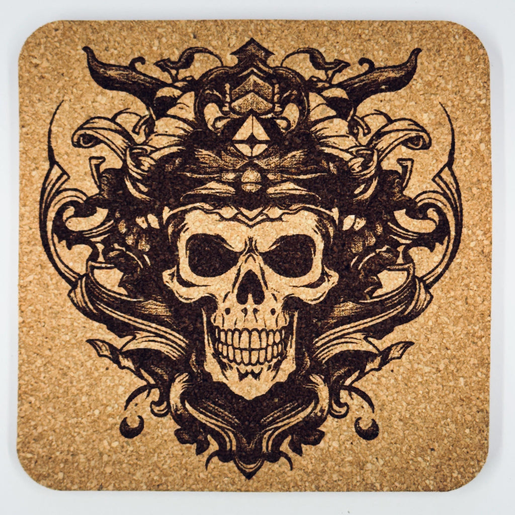 Ornate Pirate Skull Cork Coaster – Gothic Nautical Skull Art