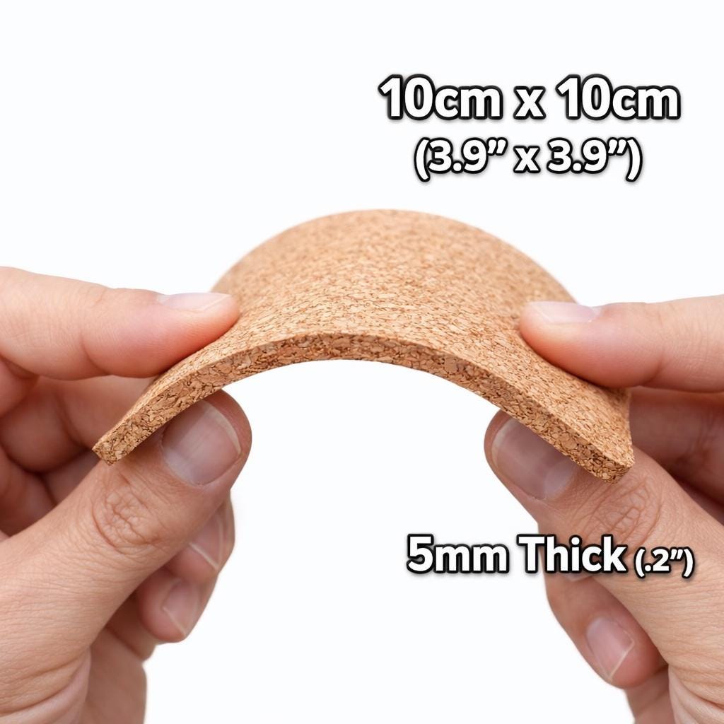 A person's hands are holding a piece of cork with the text "10cm x 10cm (3.9" x 3.9") and "5mm Thick (2")" written above it.