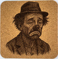 Weary Hobo Clown Portrait – Laser Engraved Cork Coaster