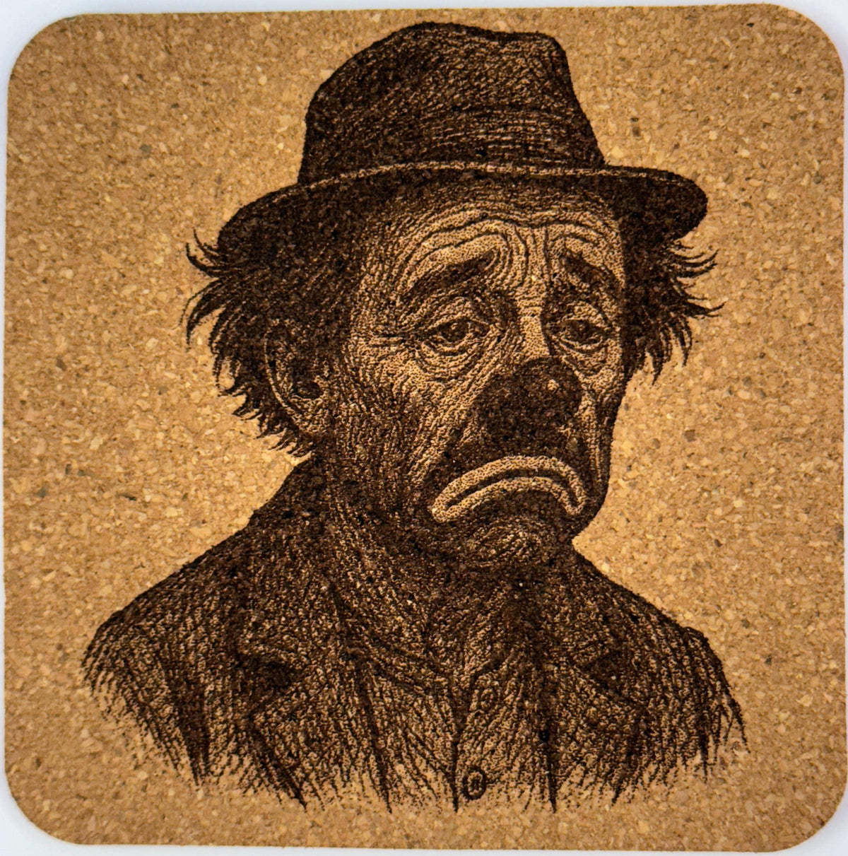 Weary Hobo Clown Portrait – Laser Engraved Cork Coaster
