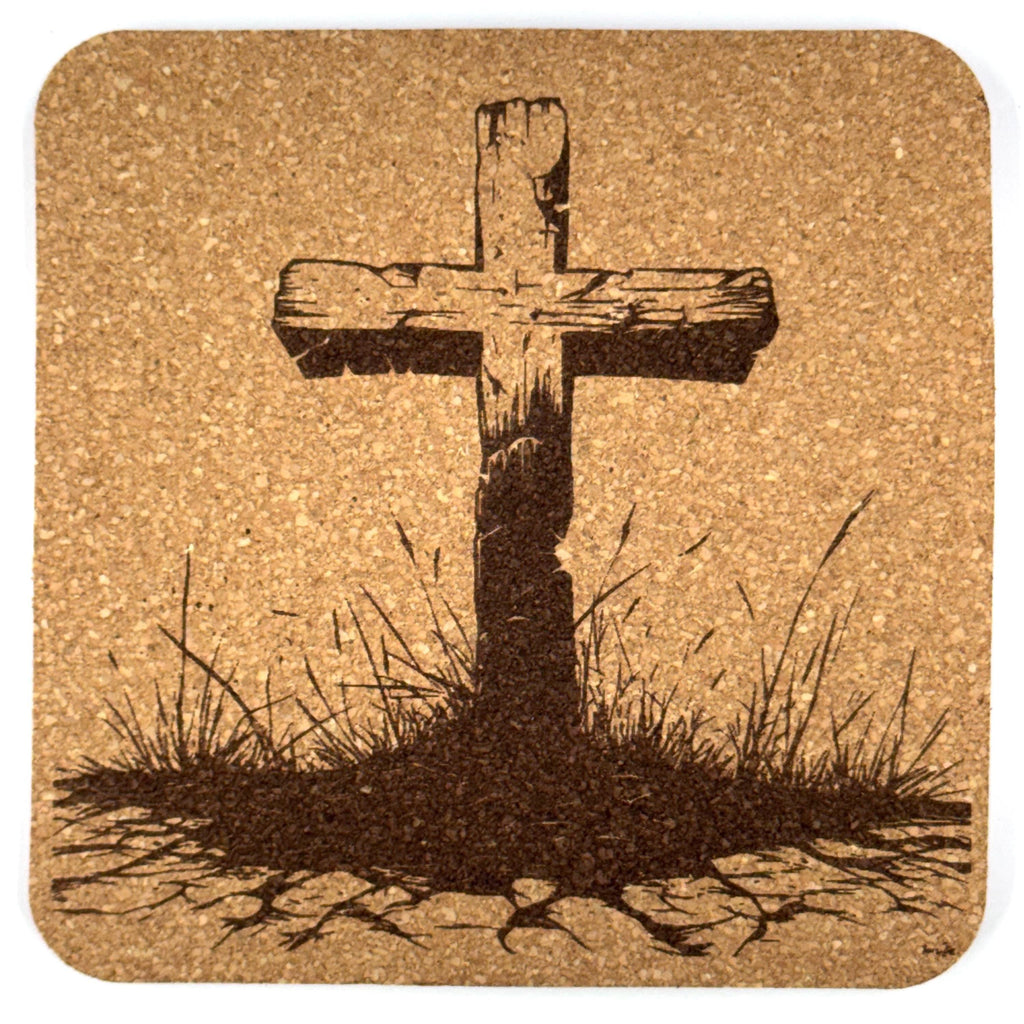 Weathered Wooden Cross Laser Engraved Cork Coaster