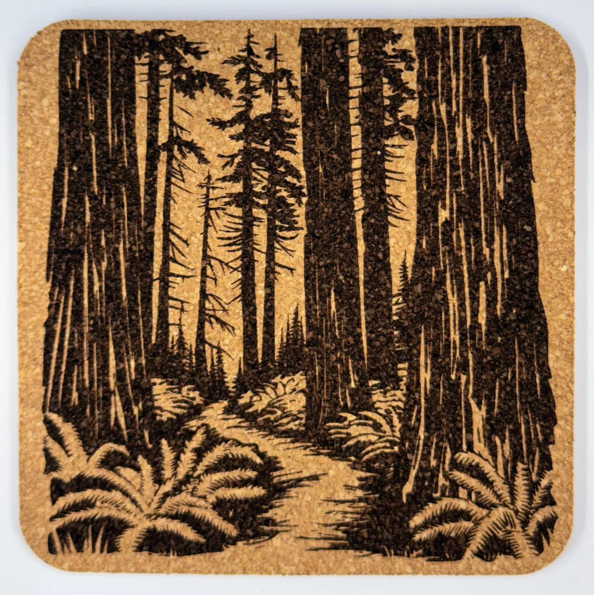 Forest Trail Coaster – Engraved Cork Coaster with Mountain Woodland Path