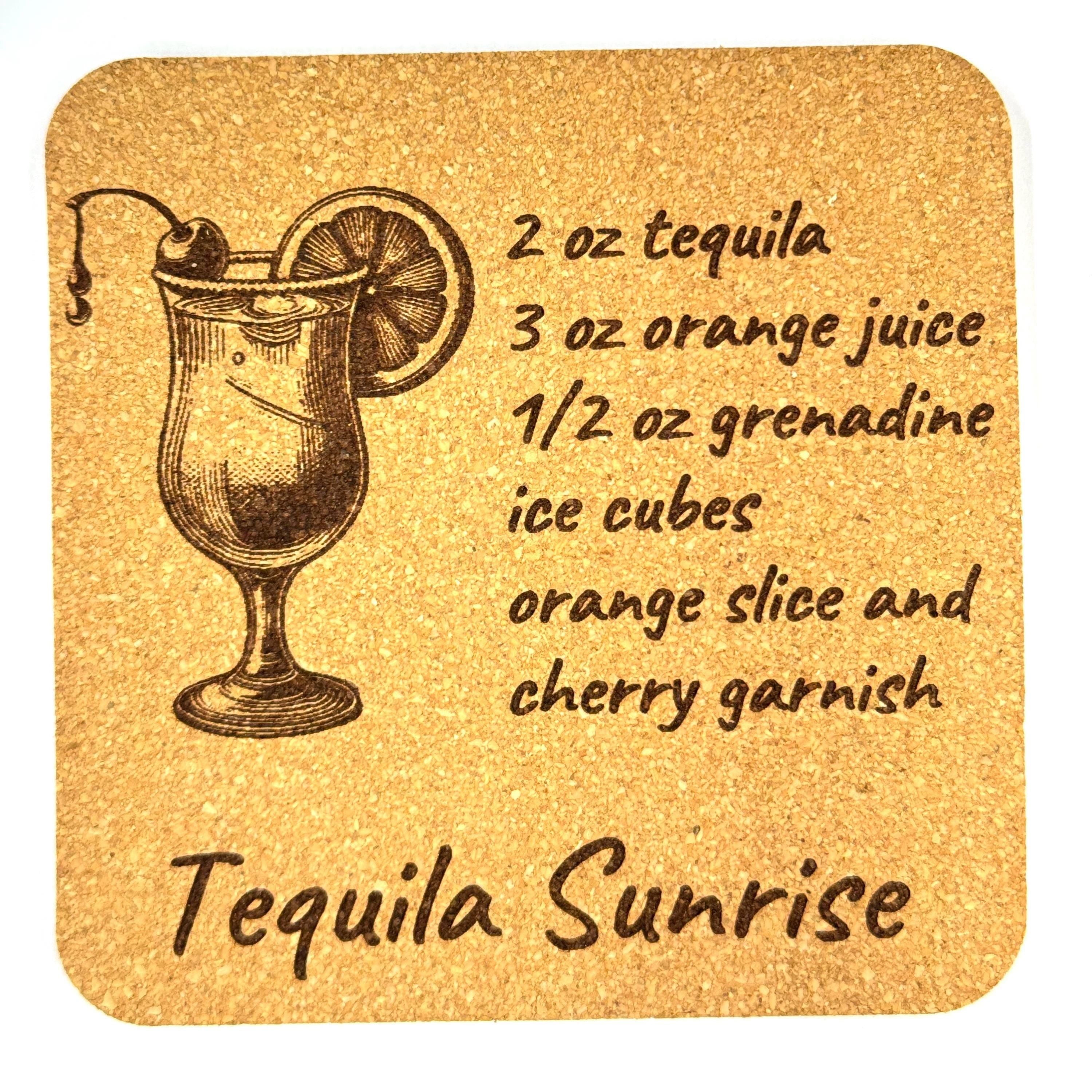 Tequila Sunrise Recipe Cork Coaster – Retro Cocktail Decor