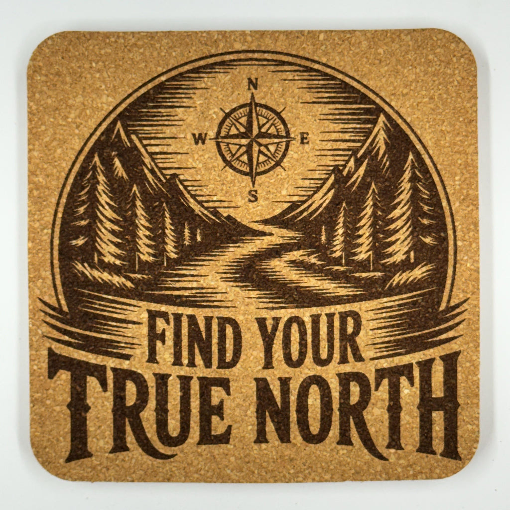 Find Your True North Cork Coaster – Compass & Mountain Decor