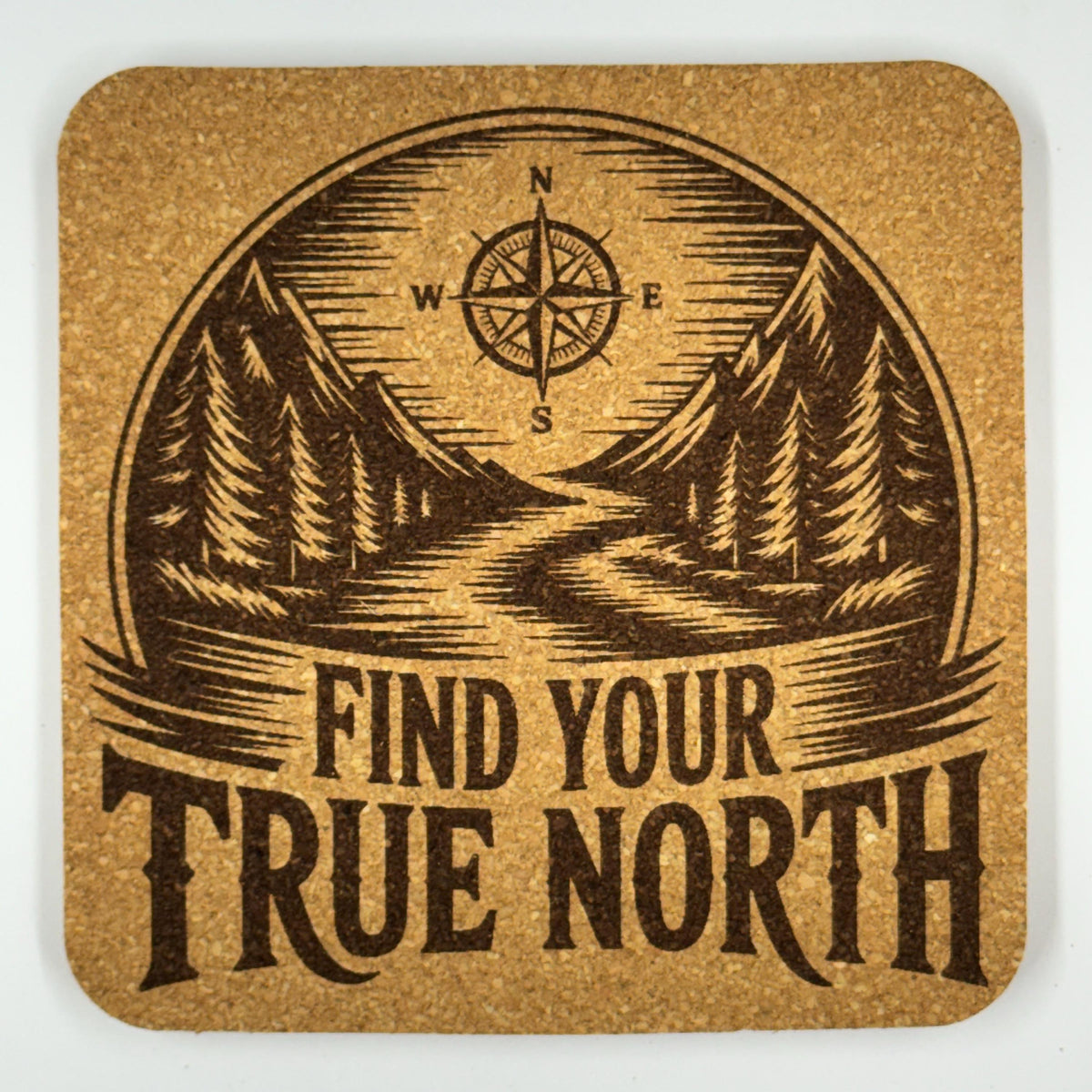Find Your True North Cork Coaster – Compass & Mountain Decor