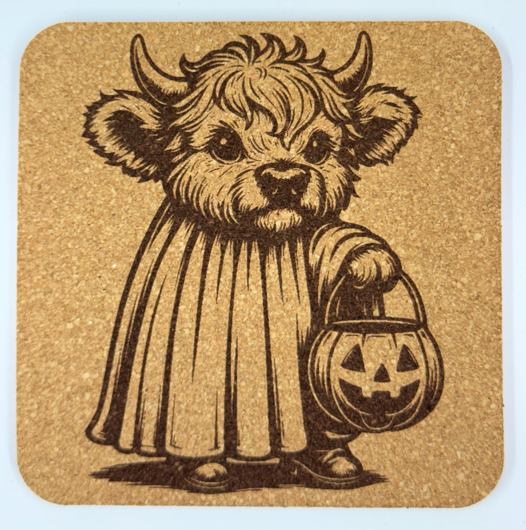 Trick-or-Treat Highland Cow Cork Coaster – Cute Halloween Cow