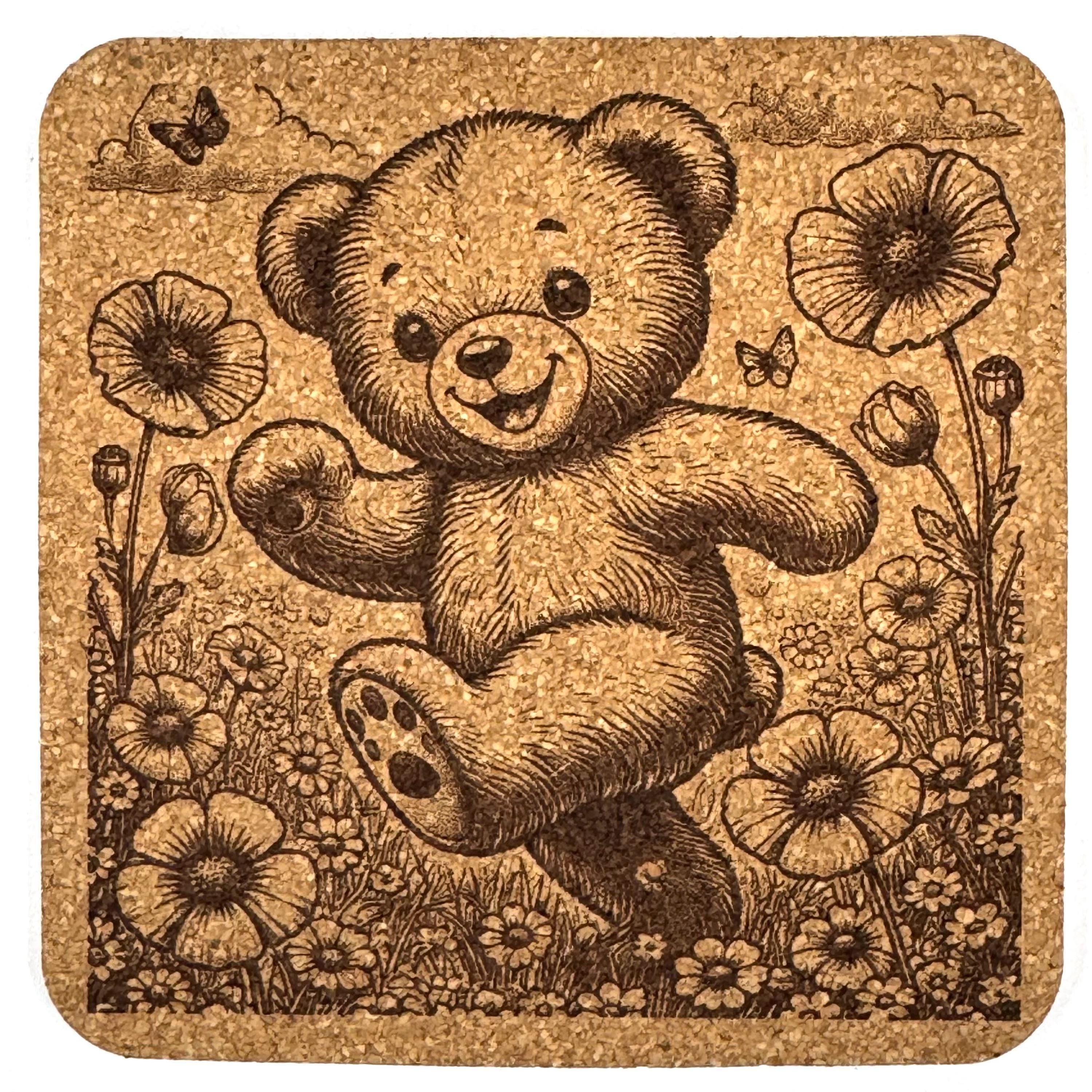 Happy Dancing Bear in Wildflowers – Whimsical Cork Coaster