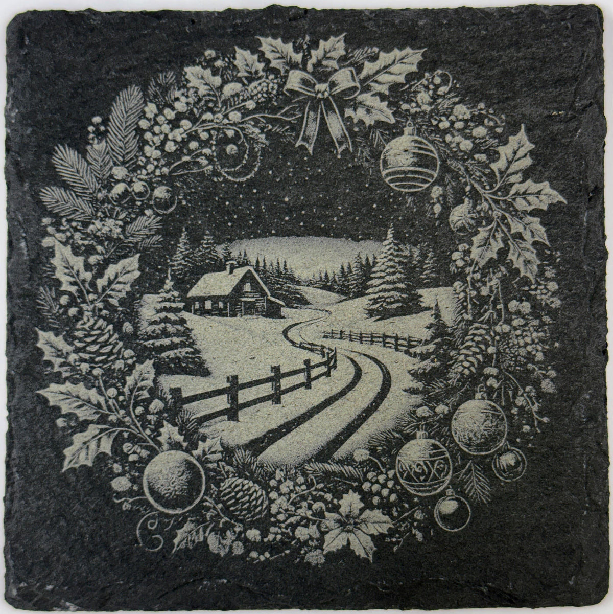 Vintage Winter Village Wreath Slate Coaster – Classic Christmas Decor