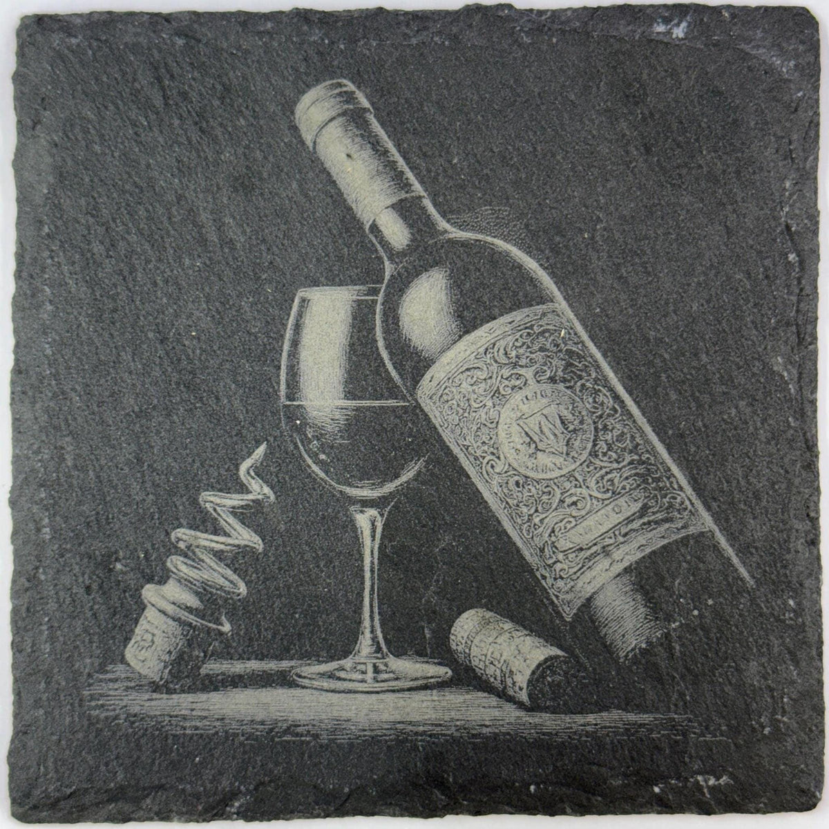 Wine Bottle & Glass with Corkscrew – Vintage Wine Slate Coaster