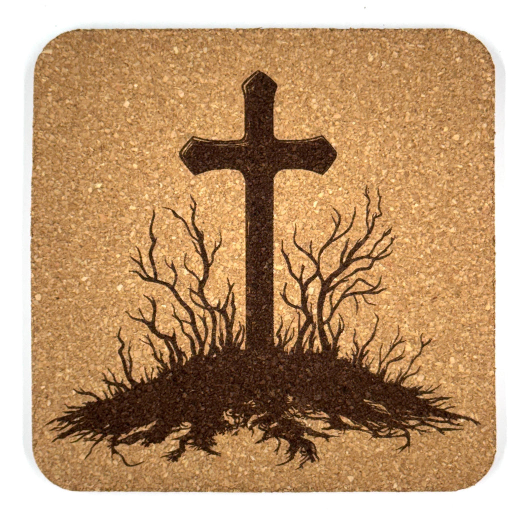 Bare Tree Roots Cross Laser Engraved Cork Coaster