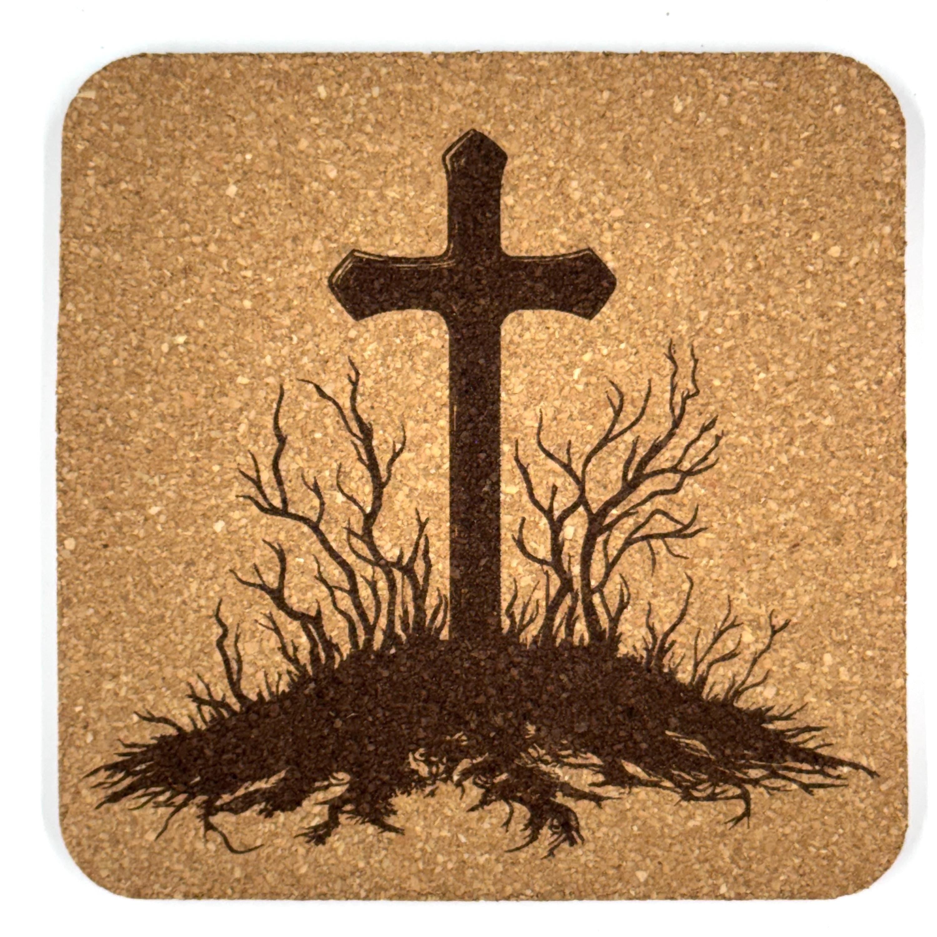 Bare Tree Roots Cross Laser Engraved Cork Coaster
