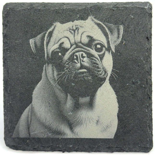 Pug Lover Gift – Engraved Slate Coaster with Pug Face