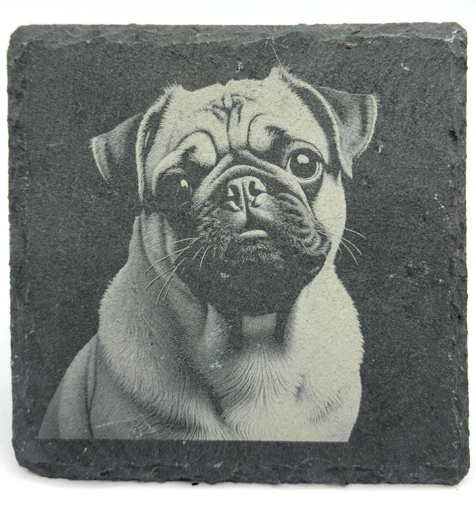 Pug Lover Gift – Engraved Slate Coaster with Pug Face