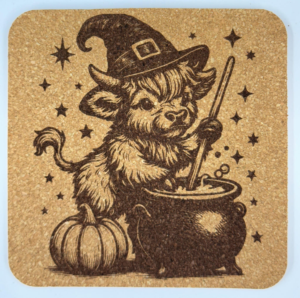 Witchy Highland Cow Cork Coaster – Halloween Cauldron Fun