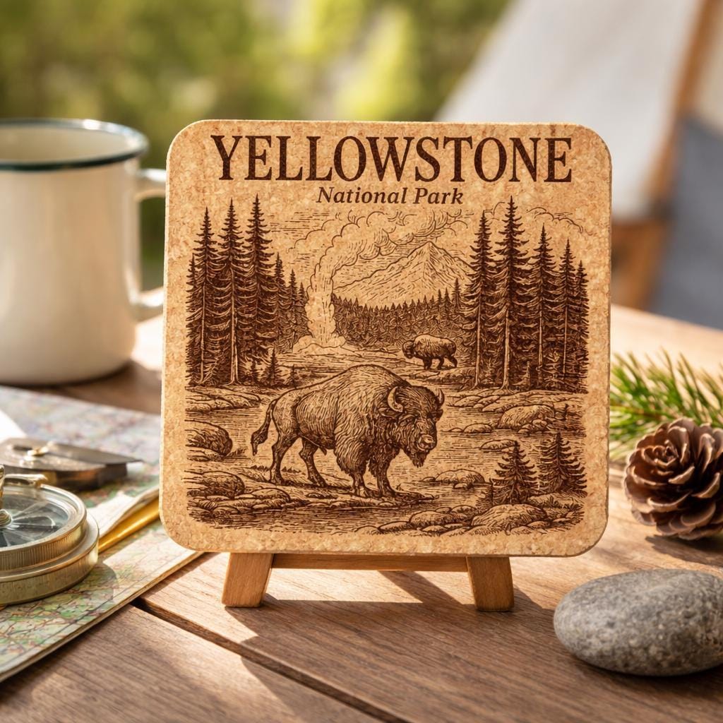 Yellowstone National Park Cork Coaster – Bison & Geyser Landscape Engraved