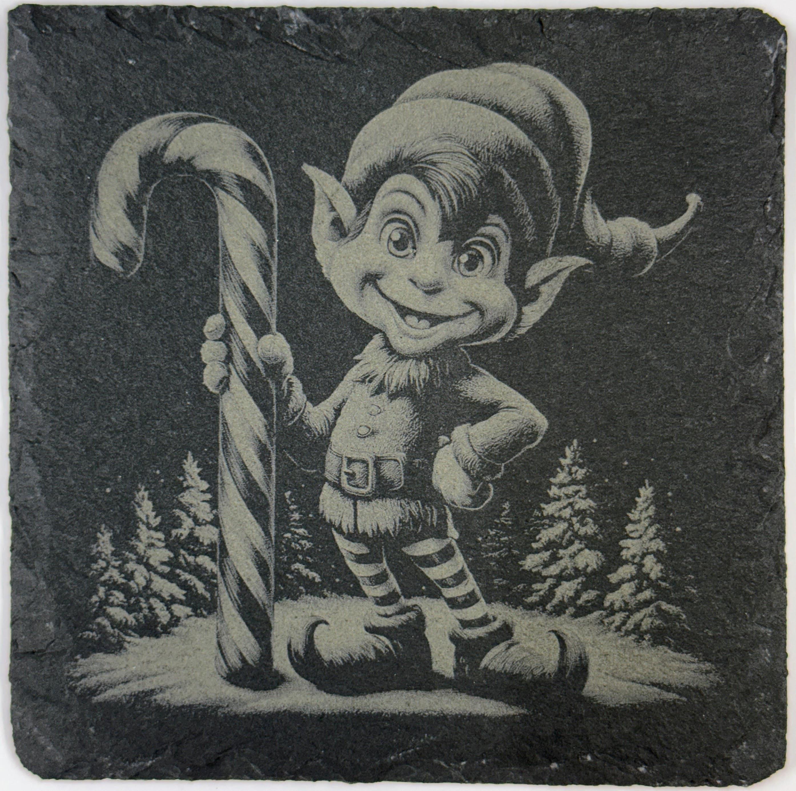 Candy Cane Elf Slate Coaster – Whimsical Vintage Christmas Elf Art
