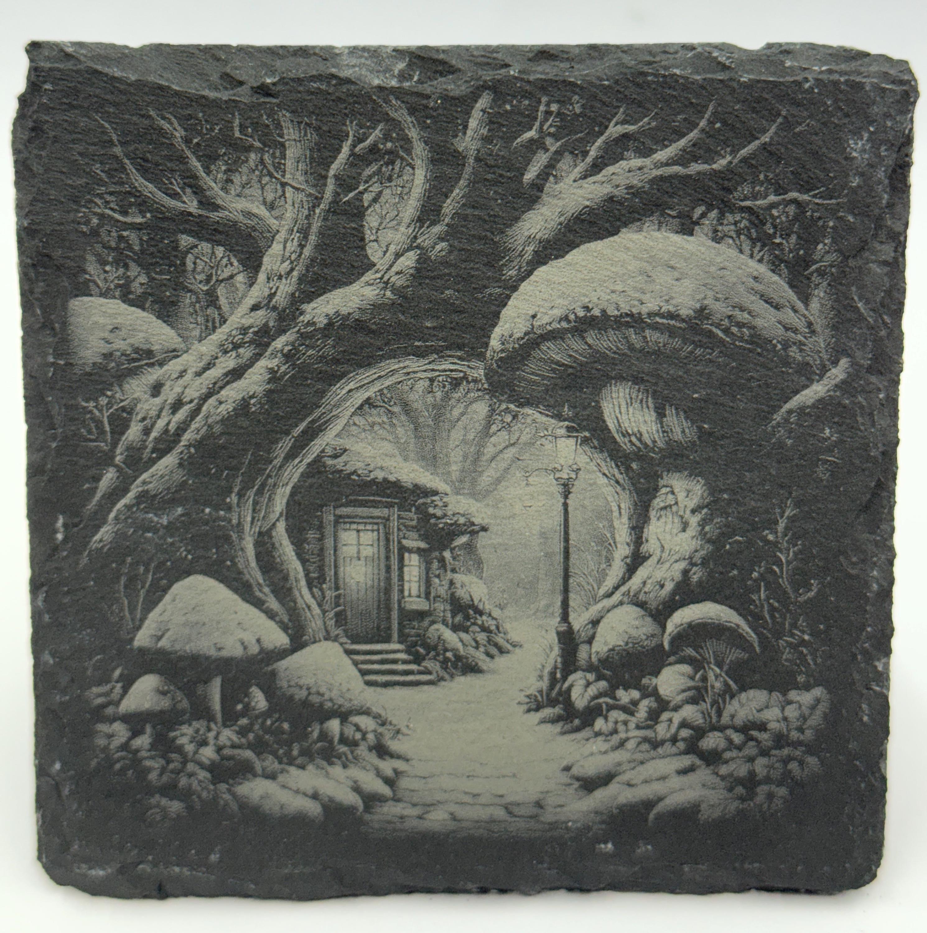 Enchanted Mushroom Cottage Slate Coaster – Fairy Woodland Fantasy Art