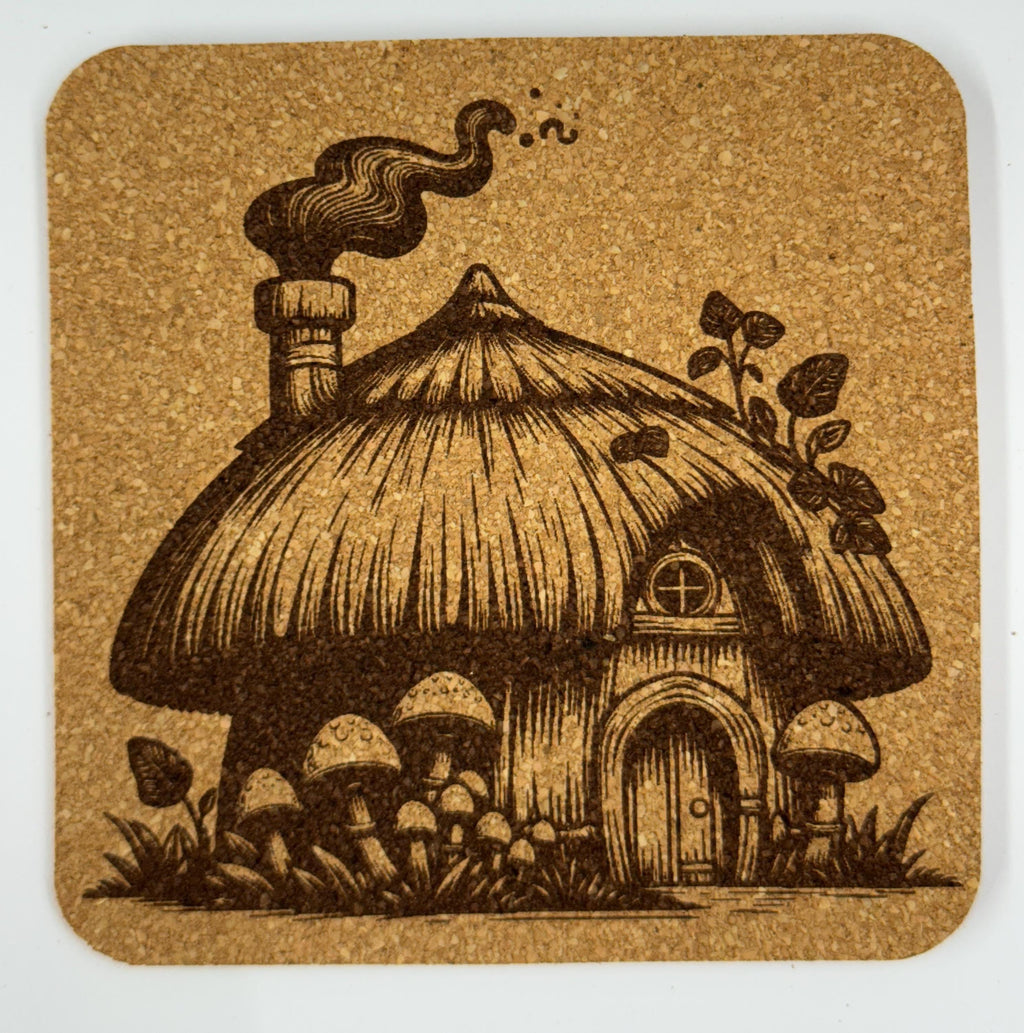 Thatched Fairy Mushroom House Cork Coaster – Laser Engraved Woodland Decor