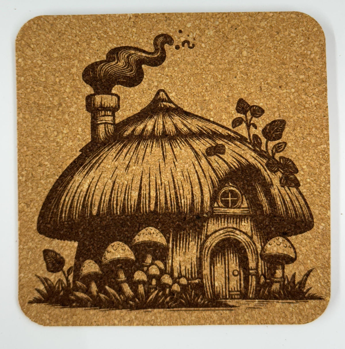 Thatched Fairy Mushroom House Cork Coaster – Laser Engraved Woodland Decor