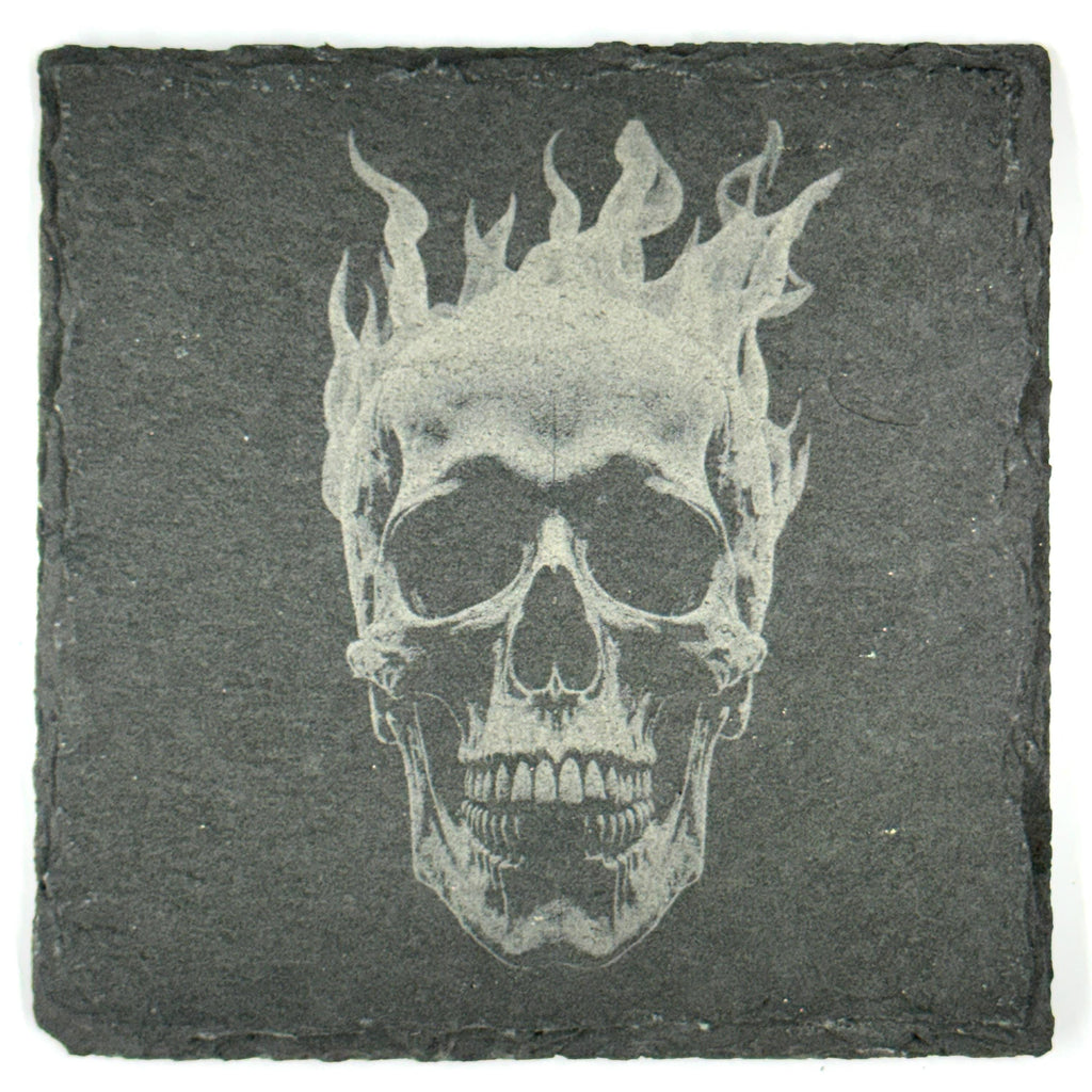 Burning Skull Slate Coaster – Dark Fire Skull Design