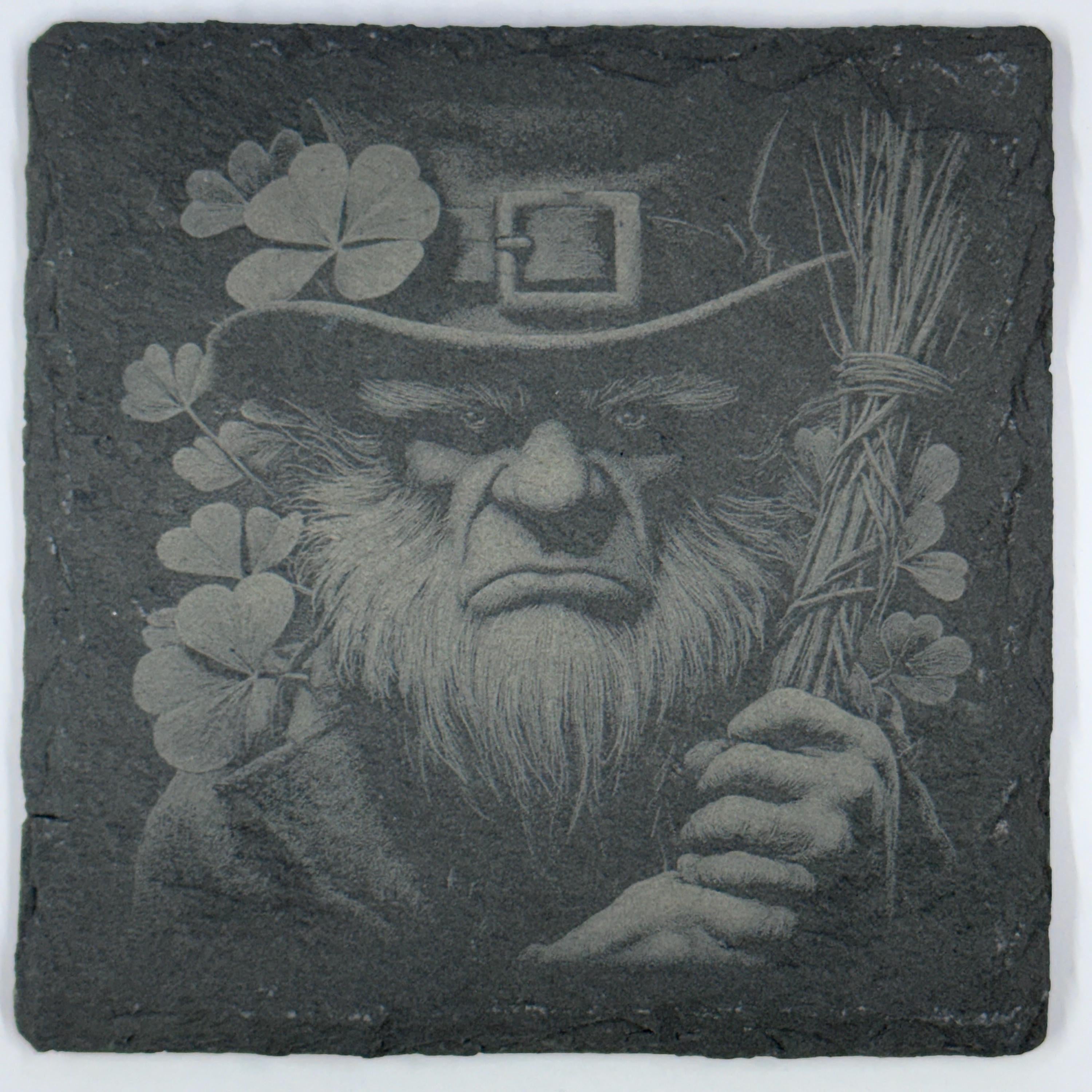Irish Leprechaun Portrait Slate Coaster with Shamrocks