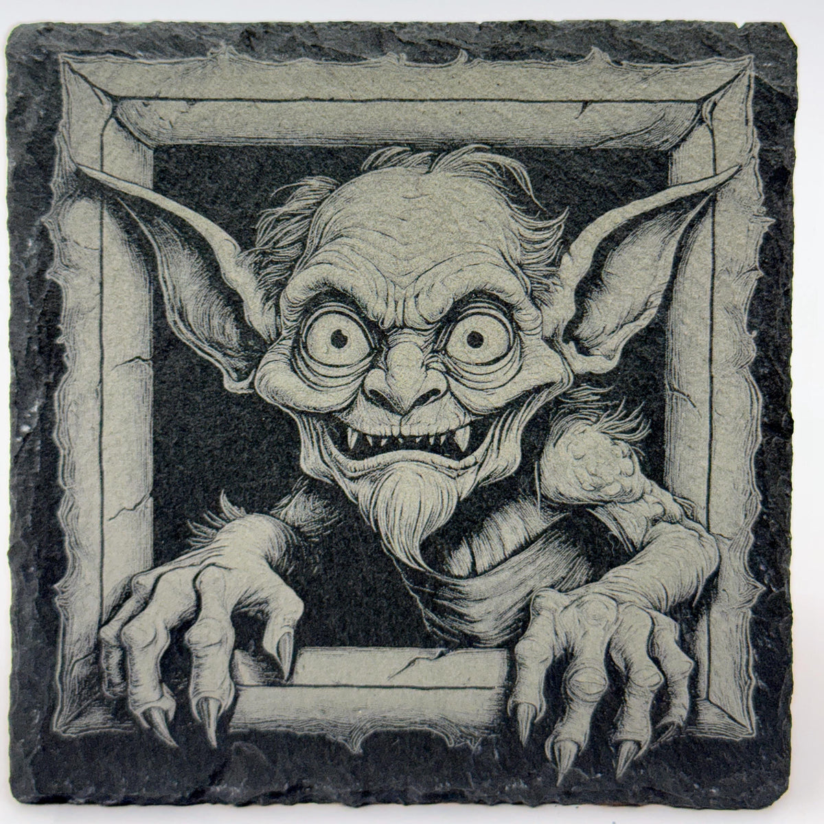 Wide-Eyed Gremlin Slate Coaster – Creepy Gothic Art