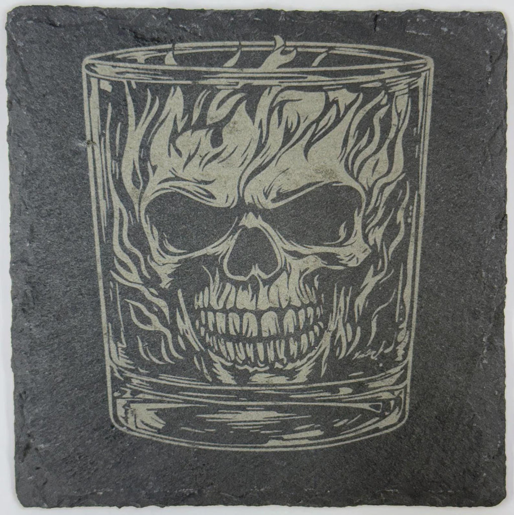 Flaming Skull in Whiskey Glass – Gothic Bar Slate Coaster