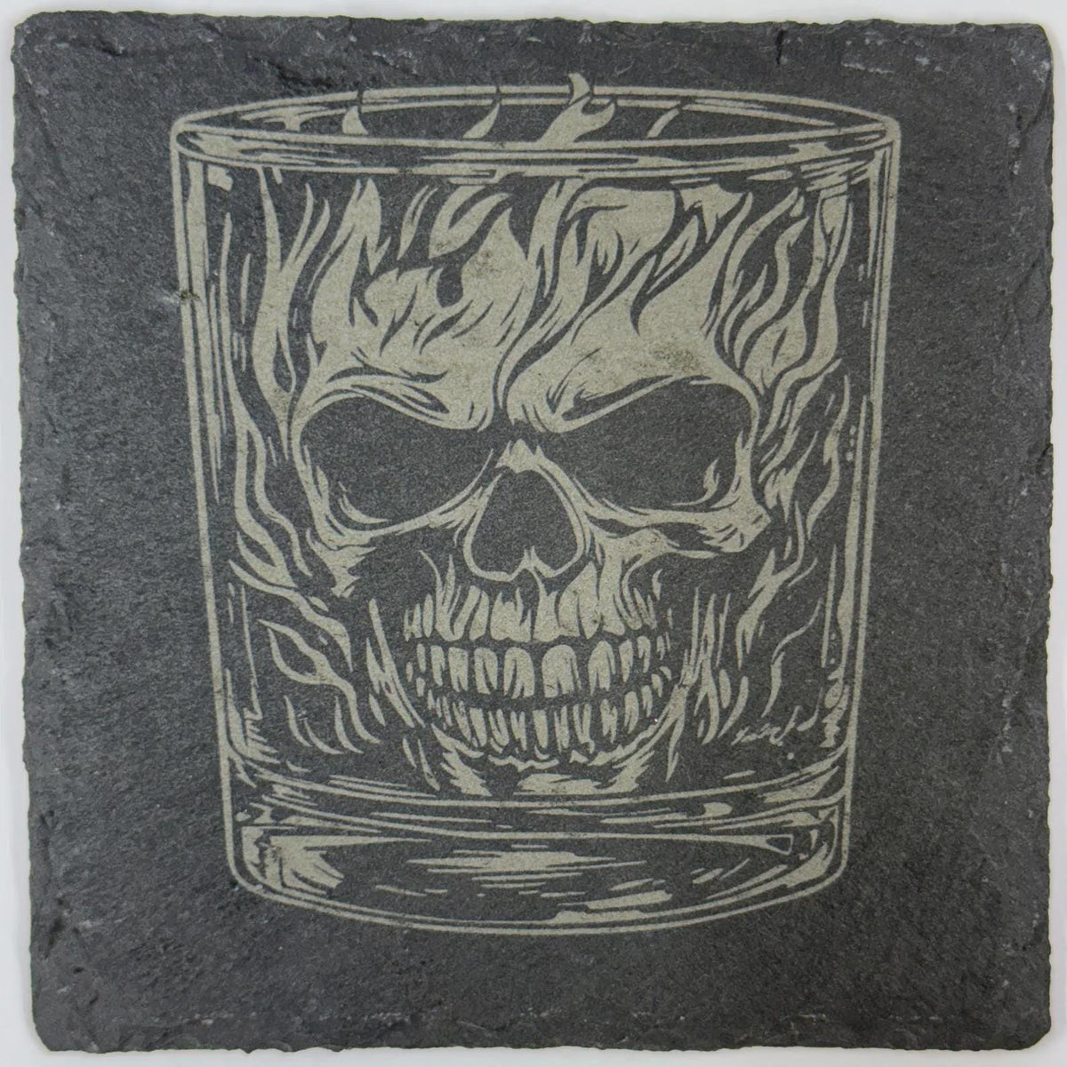 Flaming Skull in Whiskey Glass – Gothic Bar Slate Coaster