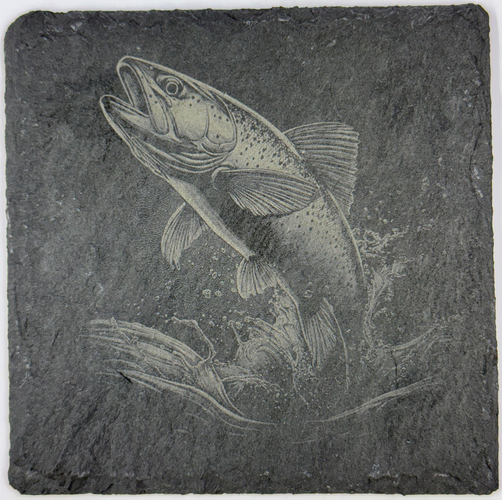 Jumping Fish Slate Coaster – Action Fishing Engraved Stone