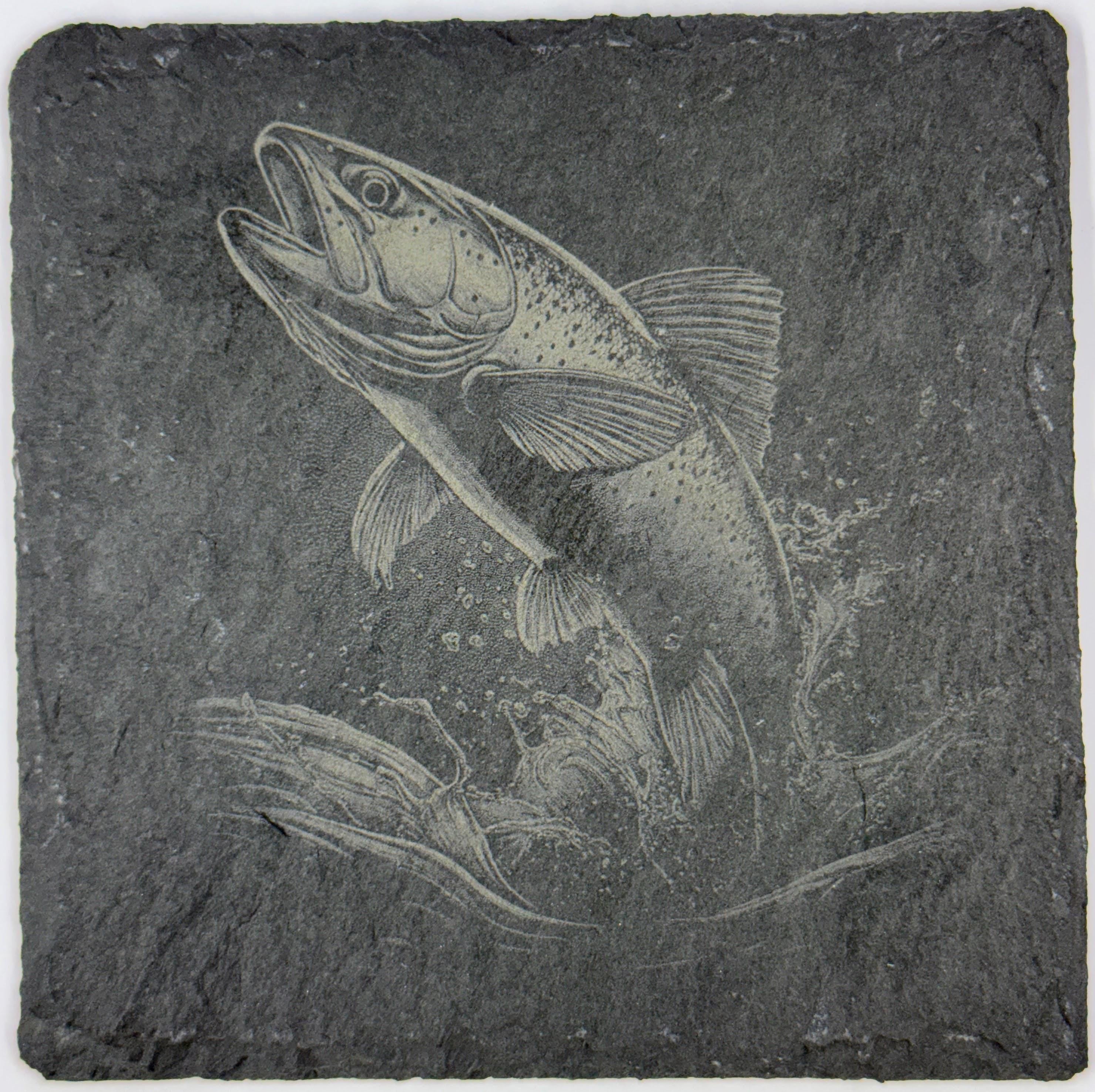 Jumping Fish Slate Coaster – Action Fishing Engraved Stone