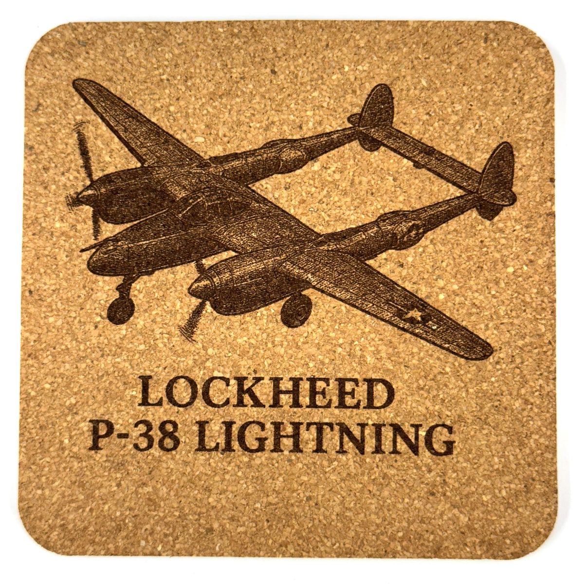 Lockheed P-38 Lightning WWII Fighter – Laser Engraved Cork Coaster
