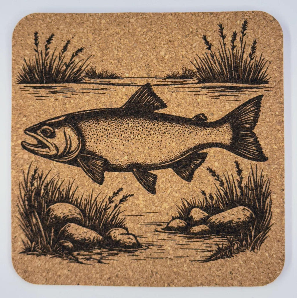 Trout Fishing Stream Artwork – Laser Engraved Cork Coaster