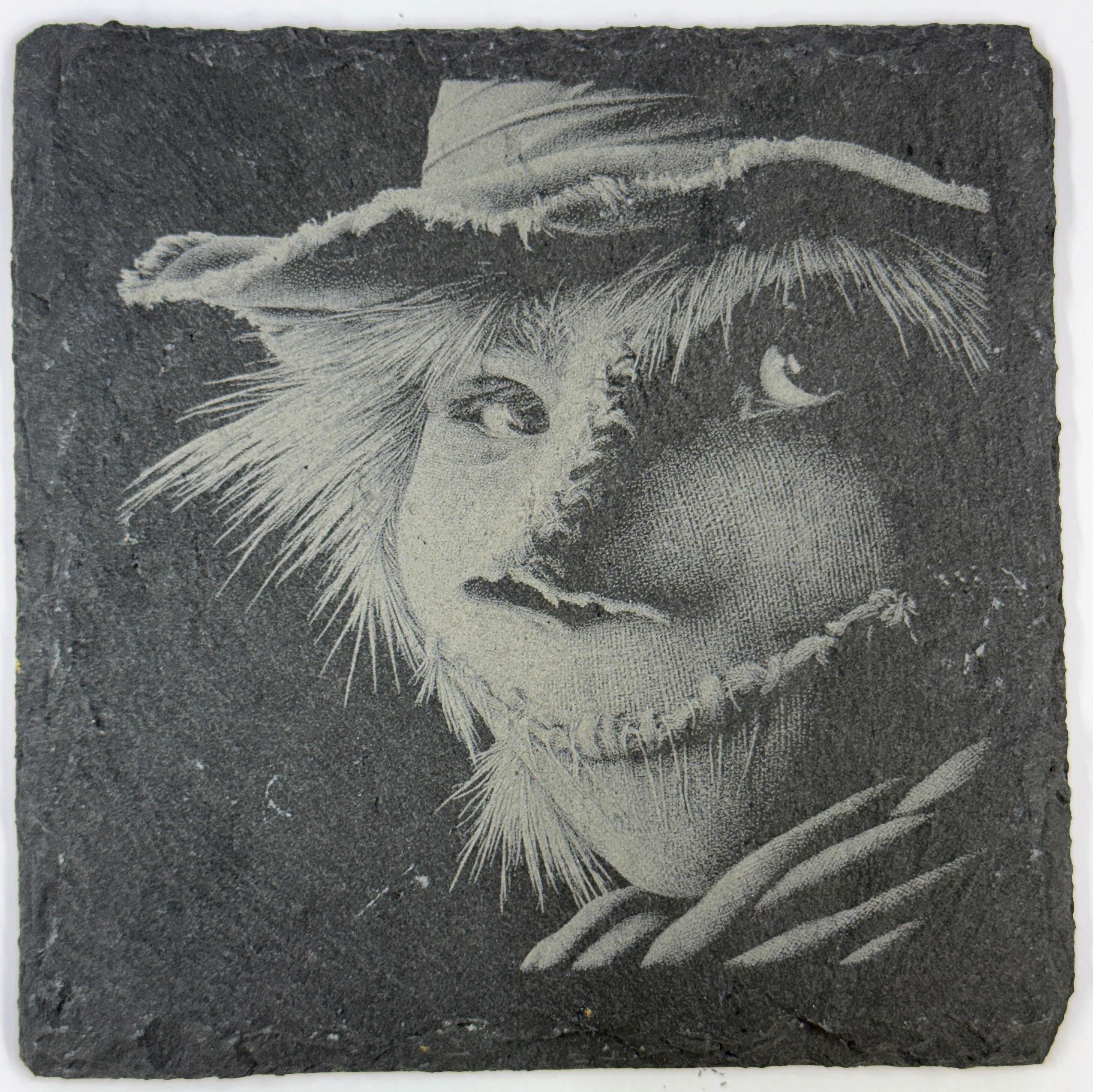 Grinning Scarecrow Slate Coaster – Spooky Harvest Art