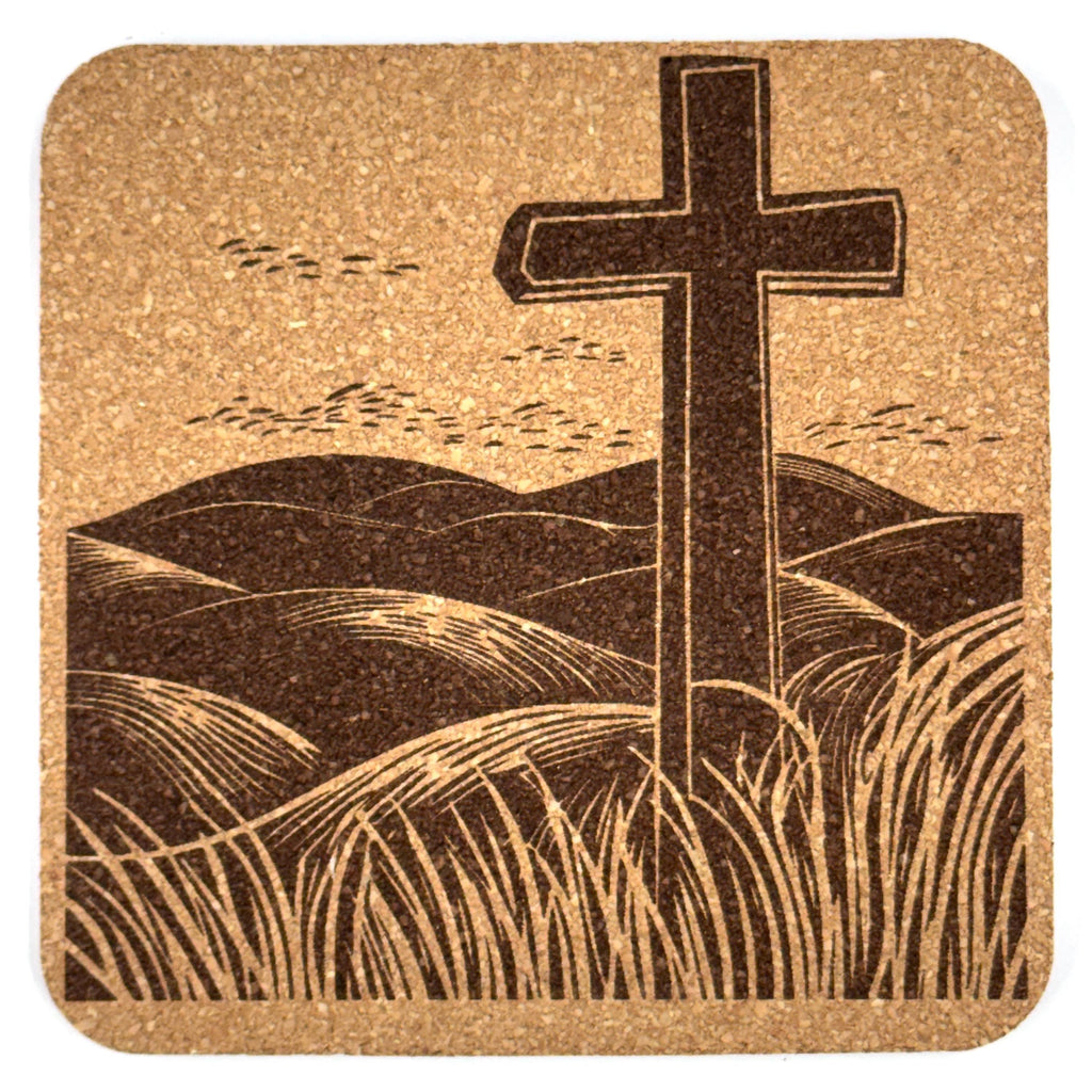 Hillside Meadow Cross Laser Engraved Cork Coaster