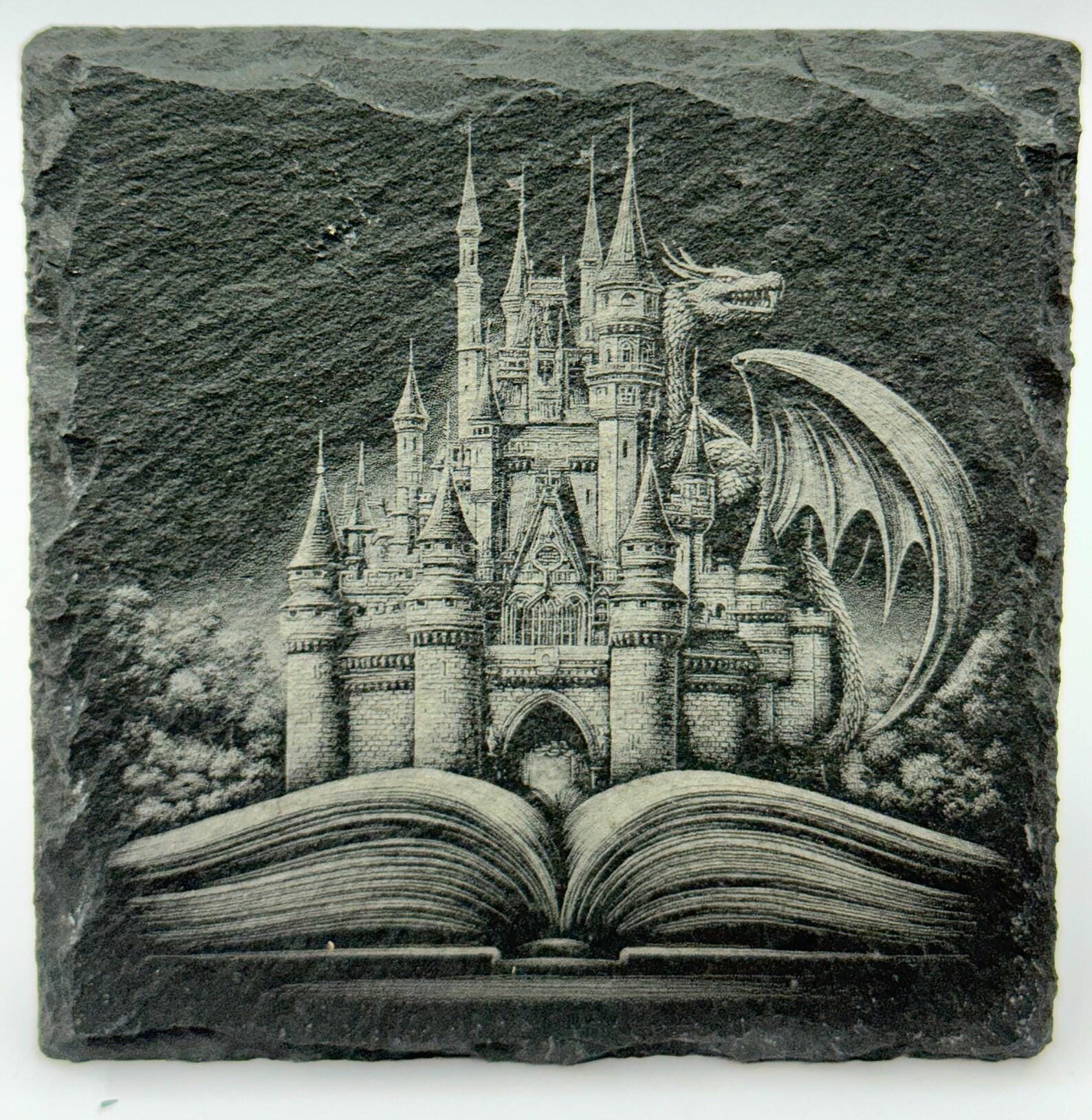 Storybook Castle Dragon – Engraved Slate Coaster