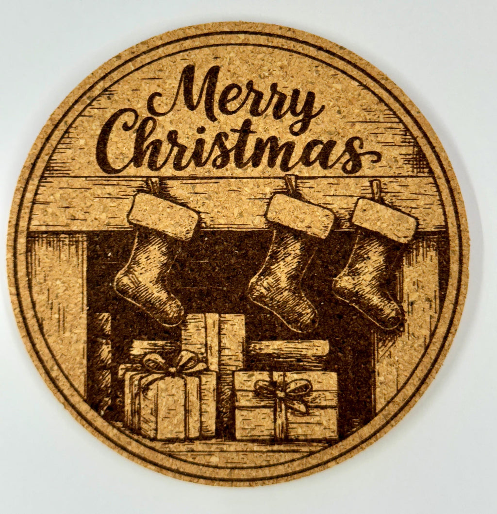Christmas Stockings Cork Coaster – Cozy Fireplace Holiday Decor