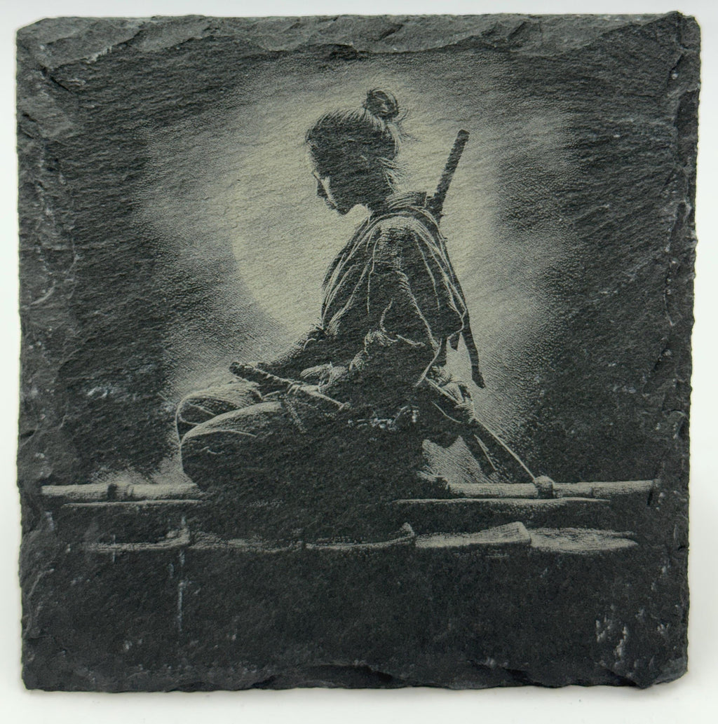 Seated Samurai in Silence – Katana Slate Coaster