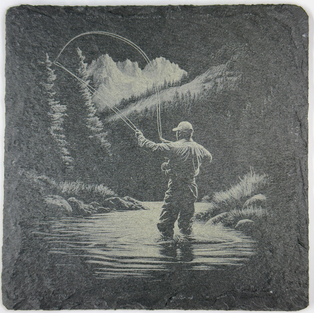 Fly Fishing River Scene Slate Coaster – Casting in Mountain Waters