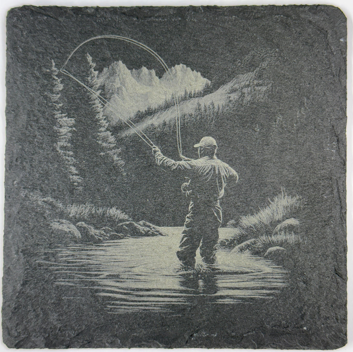 Fly Fishing River Scene Slate Coaster – Casting in Mountain Waters