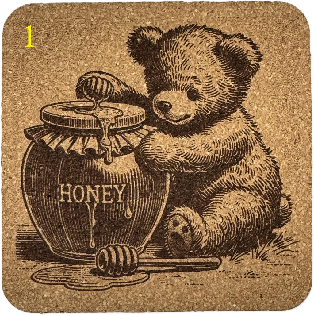 Playful Teddy Bear Laser Engraved Cork Coasters - 8 pictures to choose from