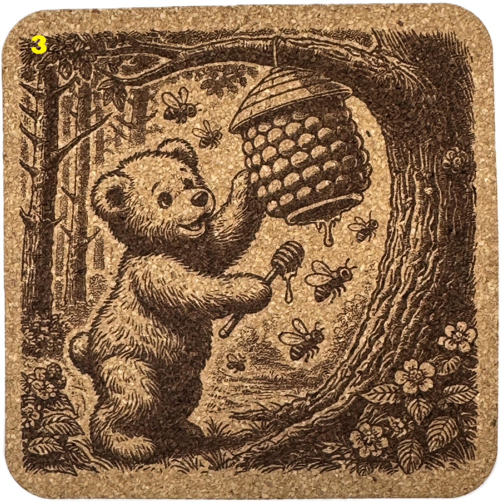 Playful Teddy Bear Laser Engraved Cork Coasters - 8 pictures to choose from