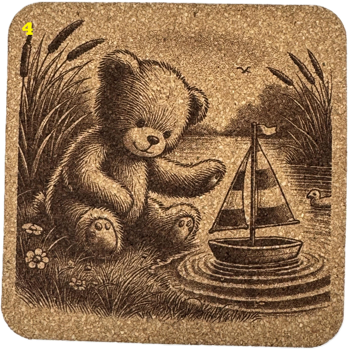 Playful Teddy Bear Laser Engraved Cork Coasters - 8 pictures to choose from