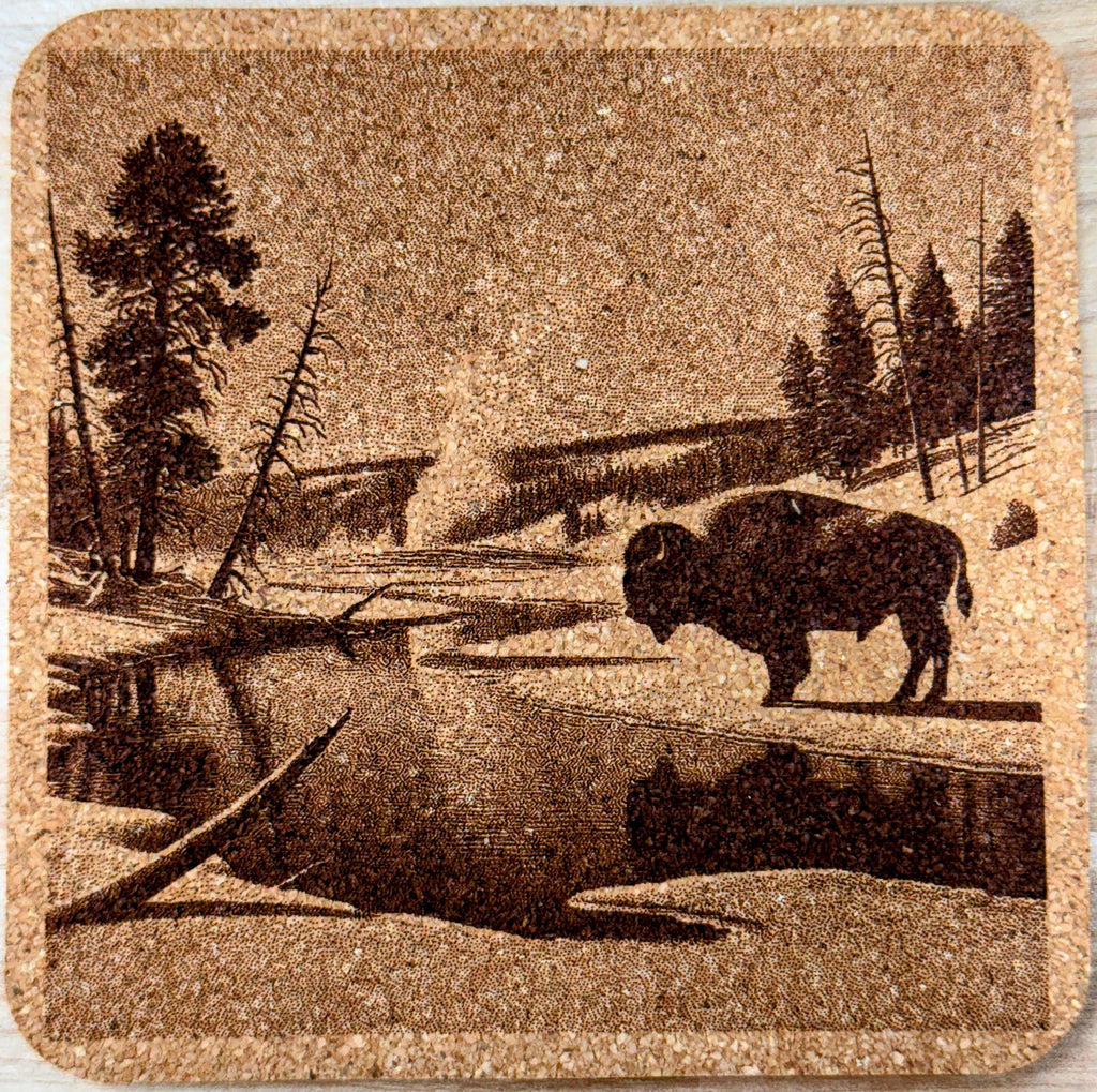 Yellowstone Coasters Set of 4 featuring the National Park laser engraved on Cork