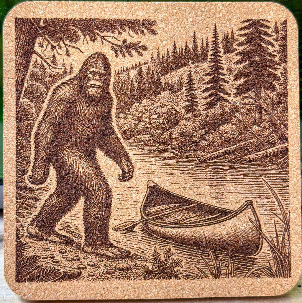 Explore the Enchanting Pacific Northwest with a set of 4 Laser Engraved Bigfoot Cork Coasters