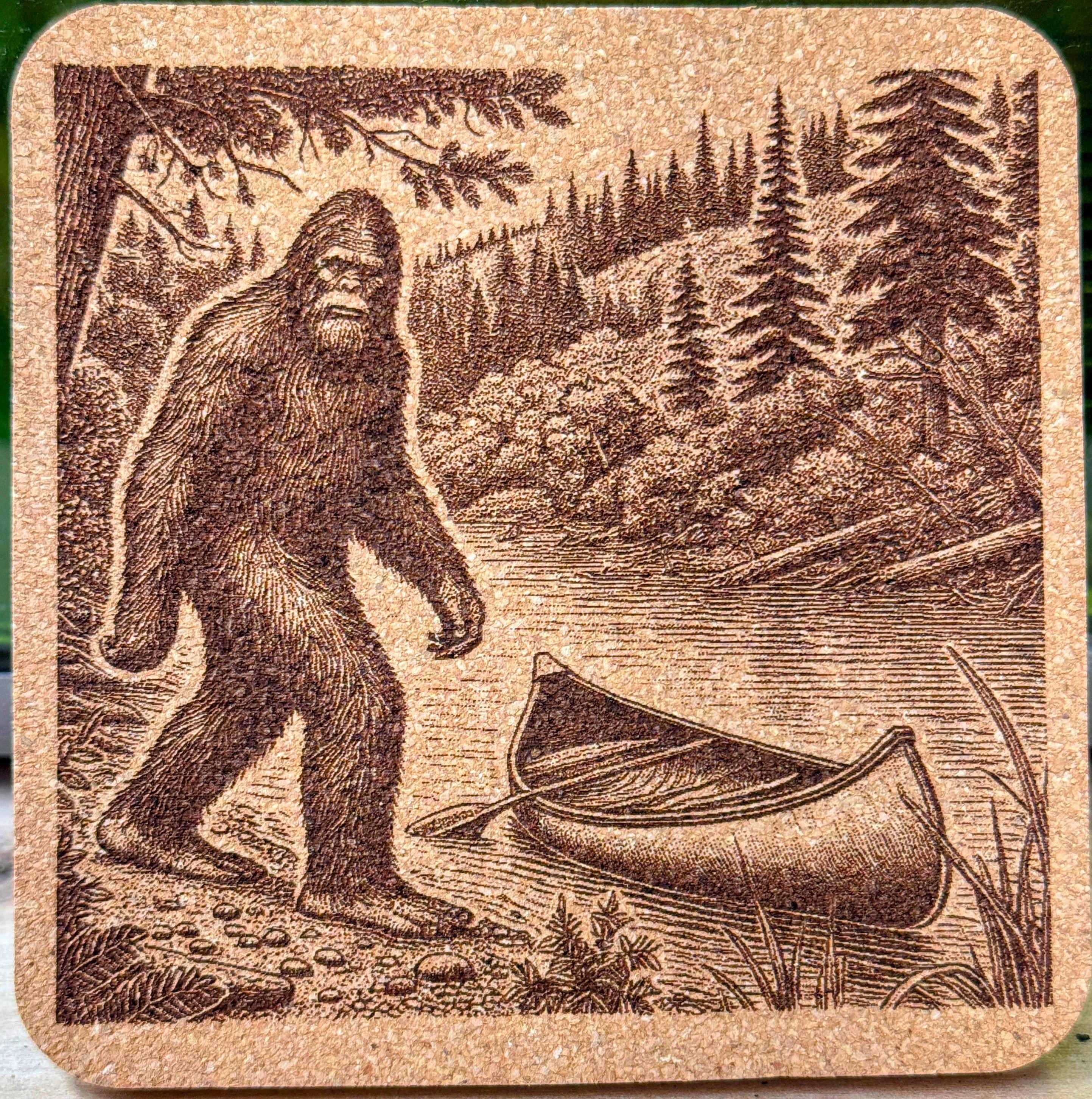 Explore the Enchanting Pacific Northwest with a set of 4 Laser Engraved Bigfoot Cork Coasters
