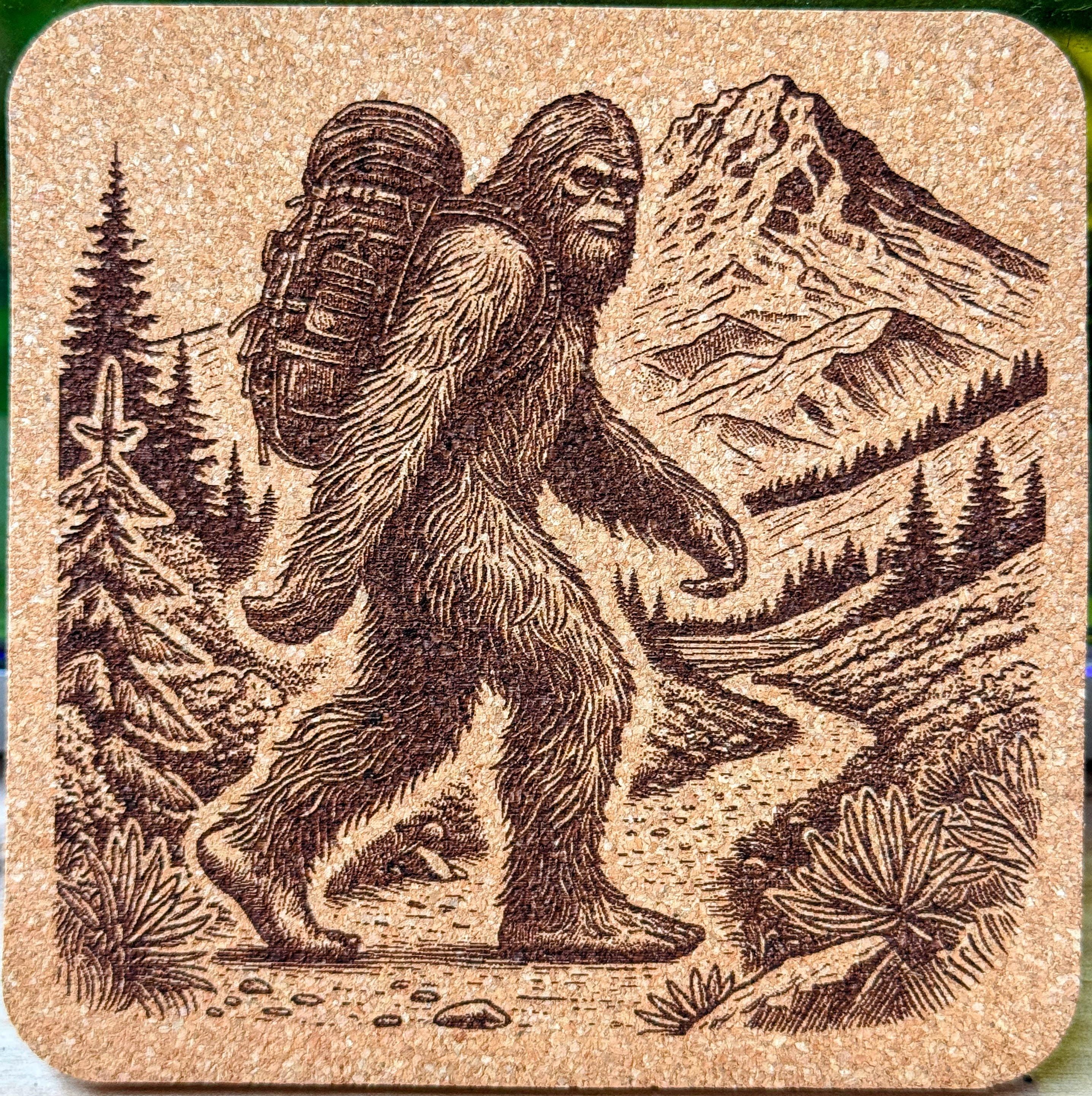 Explore the Enchanting Pacific Northwest with a set of 4 Laser Engraved Bigfoot Cork Coasters