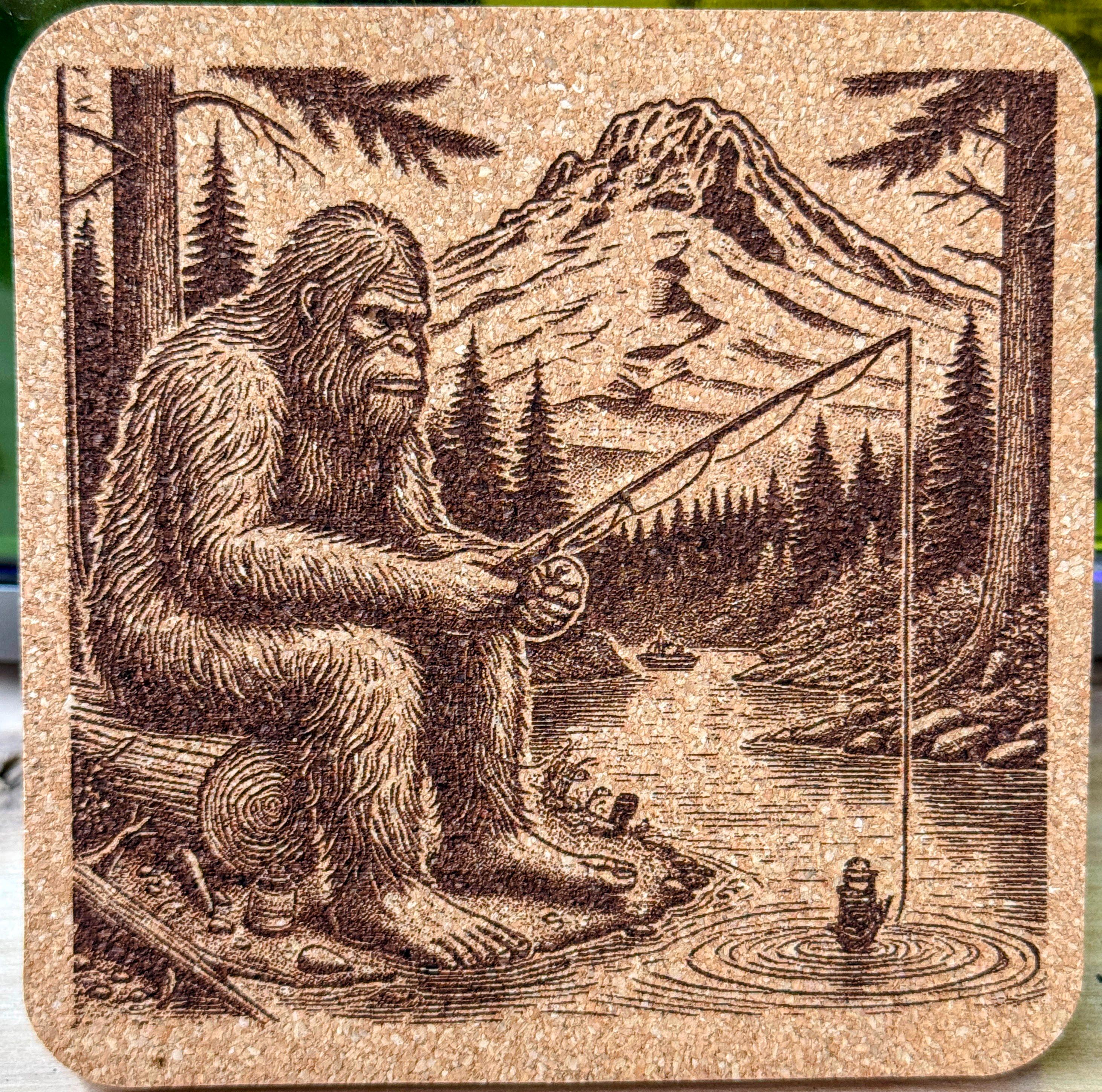 Explore the Enchanting Pacific Northwest with a set of 4 Laser Engraved Bigfoot Cork Coasters