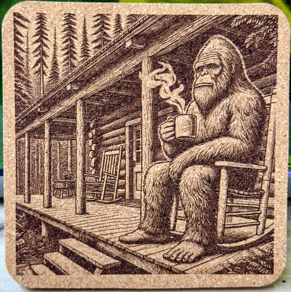 Explore the Enchanting Pacific Northwest with a set of 4 Laser Engraved Bigfoot Cork Coasters