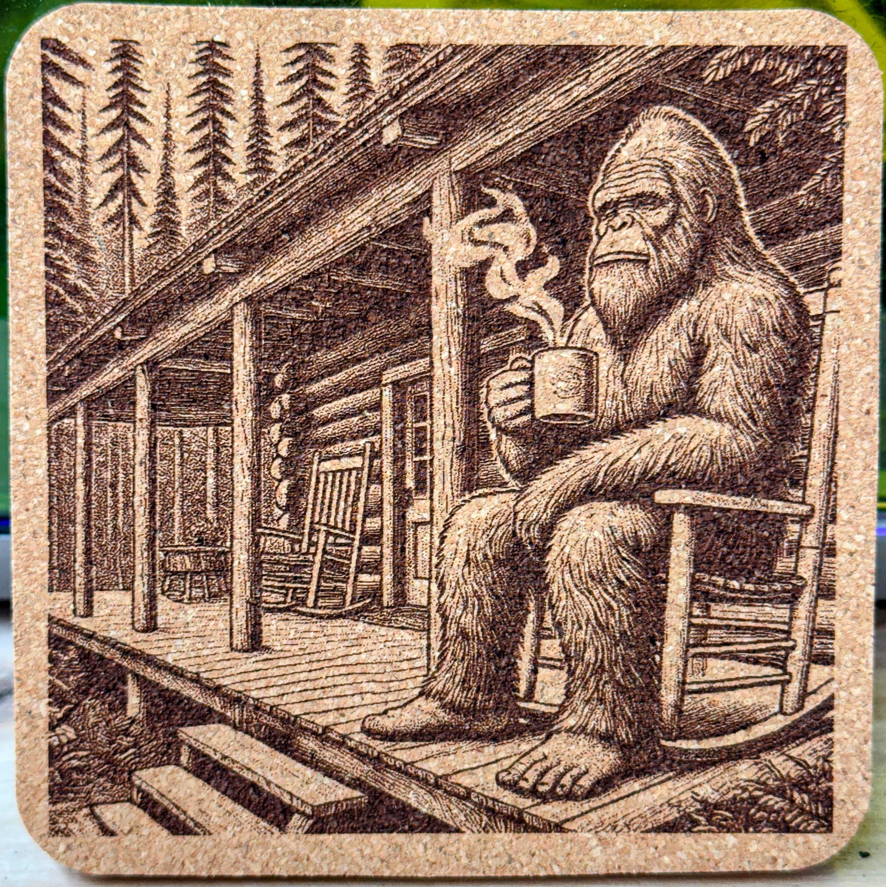 Explore the Enchanting Pacific Northwest with a set of 4 Laser Engraved Bigfoot Cork Coasters