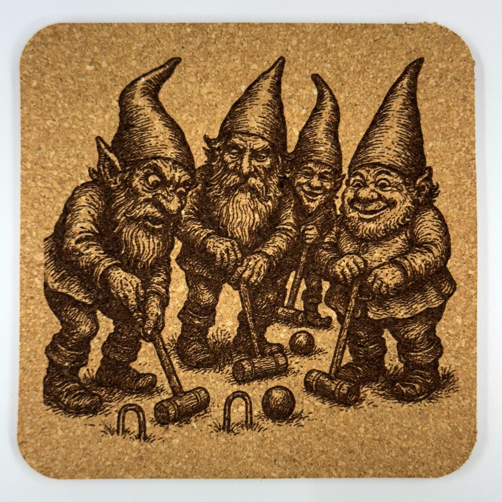 Garden Gnome Coaster Set: Laser Engraved Cork Drink Coasters, Whimsical Art